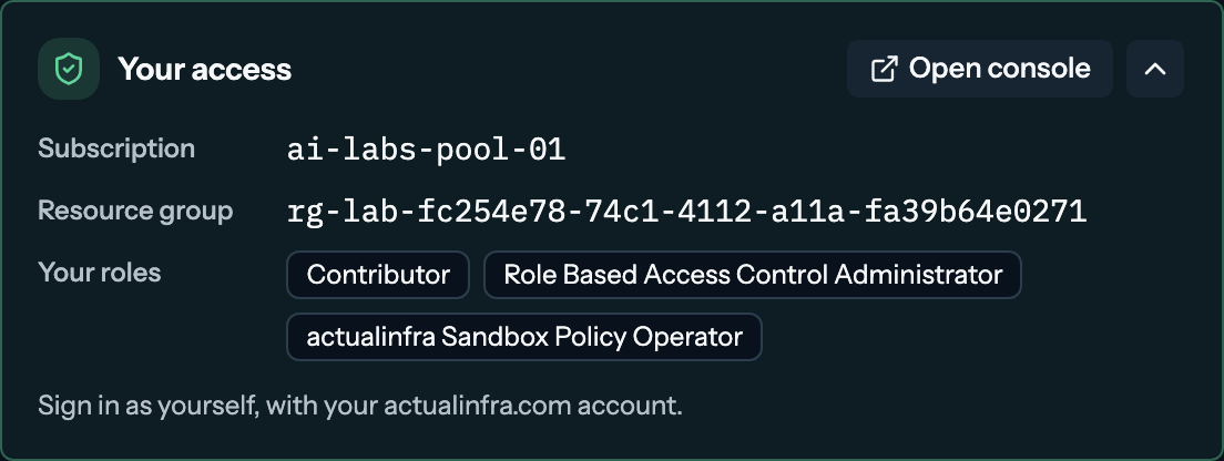 The lab's access panel: the subscription, the resource group, the roles on your account, and Open console.